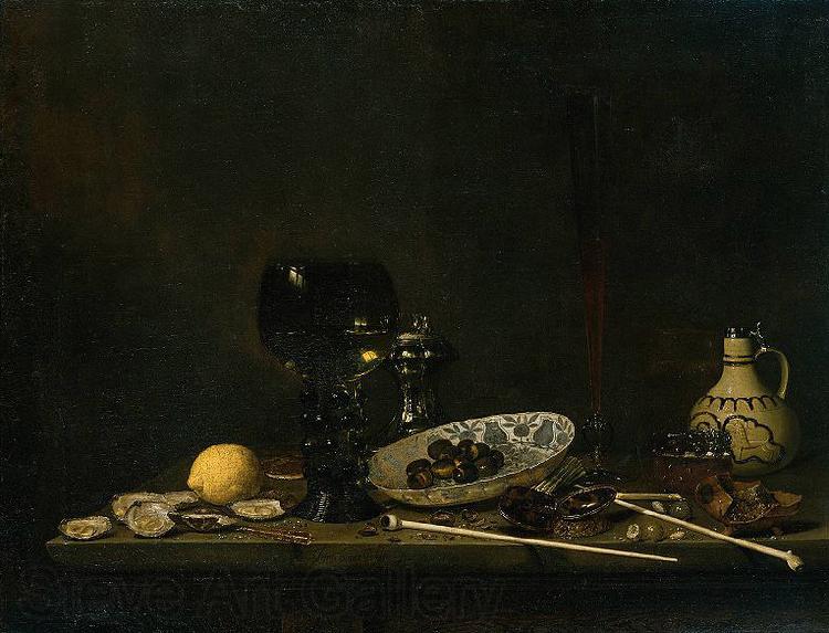 Jan van de Velde Still life with wineglass, flute glass, earthenware jug and pipes France oil painting art